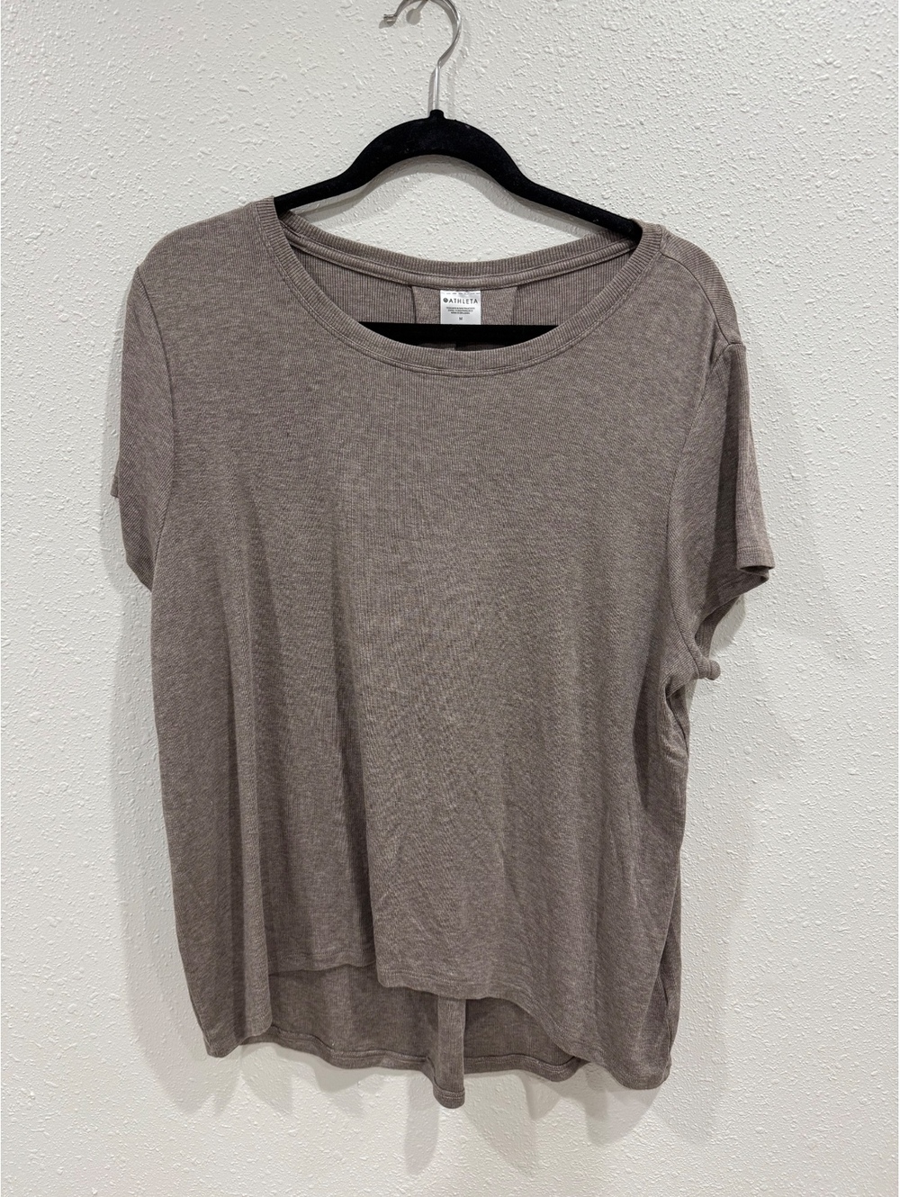 Athleta Women’s Size Medium Taupe Gray Modal Ribbed Open Back Short Sleeve Top